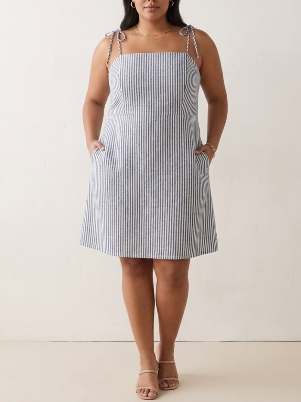 Old Navy Linen Blend Cami Dress Blue White Stripe Plus Sz 2X Pockets Preppy Y2K